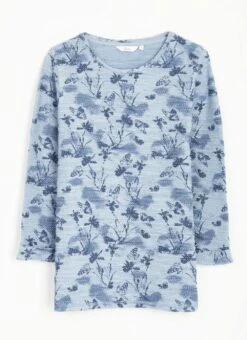 Cotton Rich Textured Crew Neck Printed Top