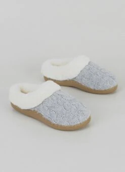 Comfy Faux Fur Lined Cable Mule Slippers