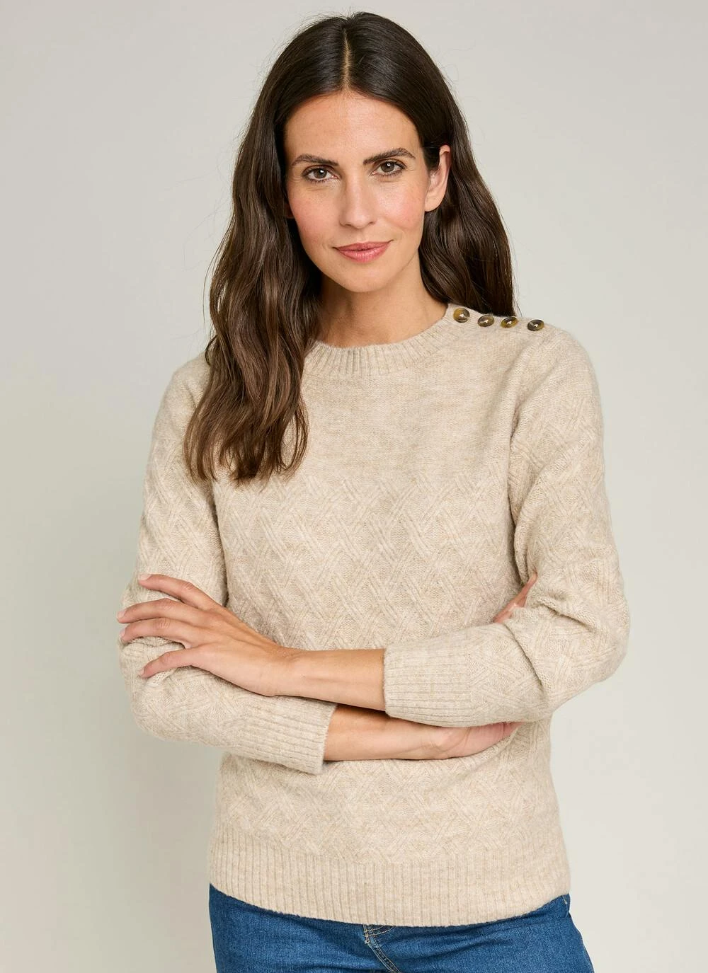 Button Detail Textured Crew Neck Jumper