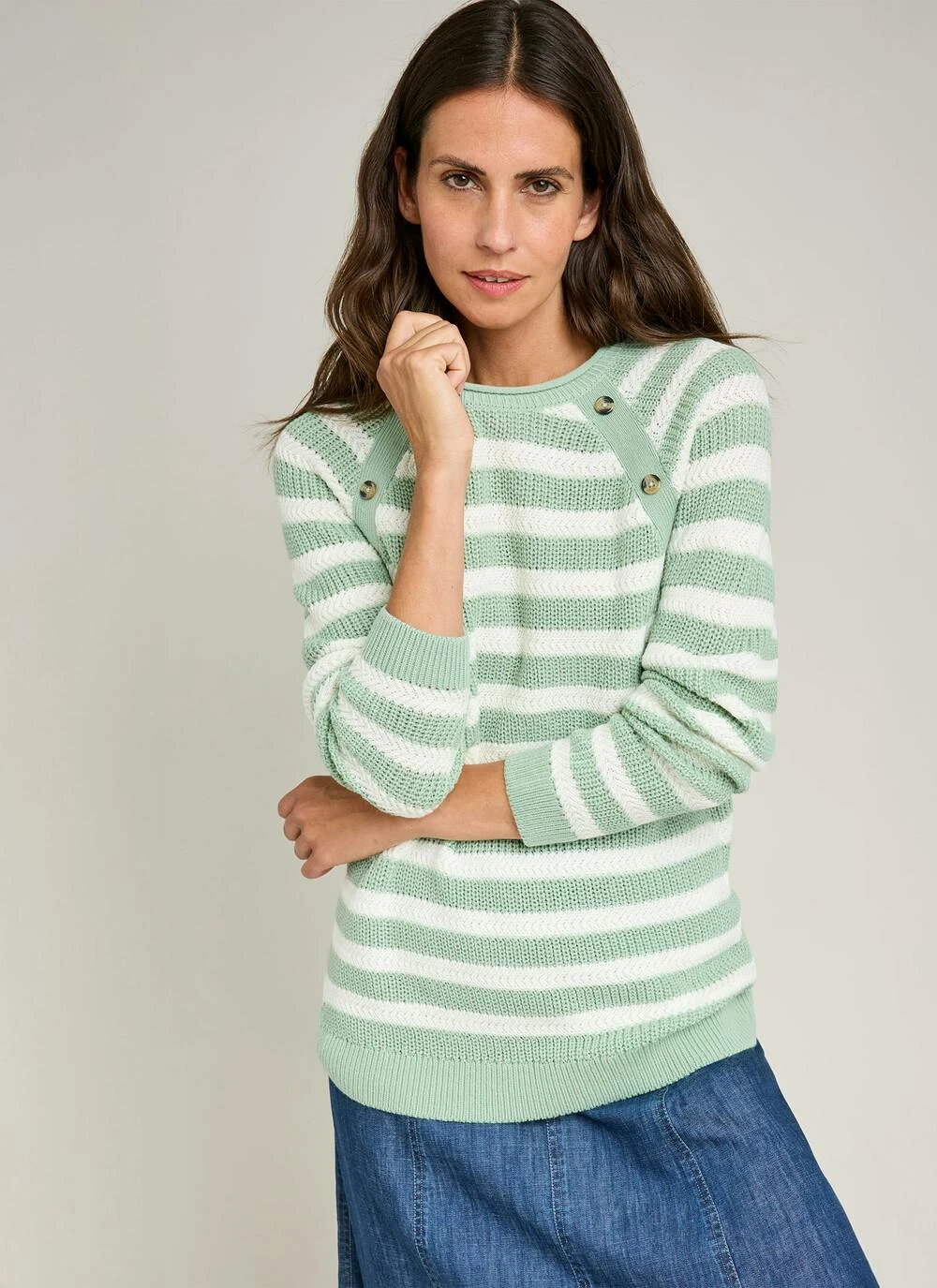 Button Detail Textured Striped Crew Neck Jumper 3 Button Detail Textured Striped Crew Neck Jumper