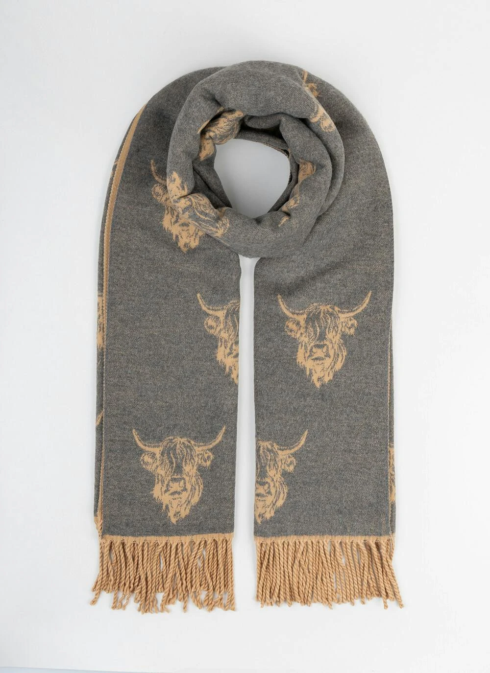 Highland Cow Super Soft Scarf - Camel/Grey 4 Highland Cow Super Soft Scarf - Camel/Grey - Image 2