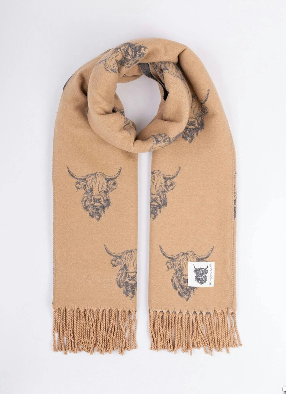 Highland Cow Super Soft Scarf - Camel/Grey 3 Highland Cow Super Soft Scarf - Camel/Grey