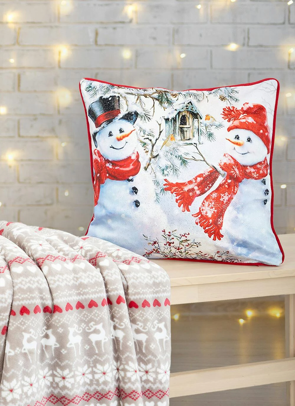 Snowmen Print Velvet Red Cushion 3 Snowmen Print Velvet Red Cushion